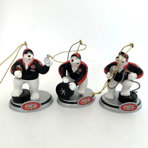 3 Coca-Cola NASCAR Polar Bear Pit Crew Xmas Ornaments Tire Wrench Boxes Vintage - Picture 2 of 10